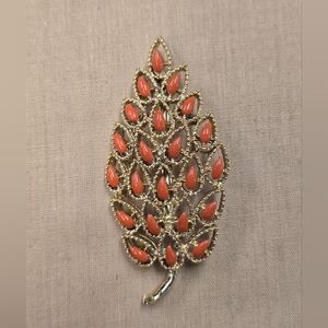 VTG ESTATE SIGNED GERRY'S ENAMELED CORAL FLOWER GOLD TONE 2.75" BROOCH PIN  Box